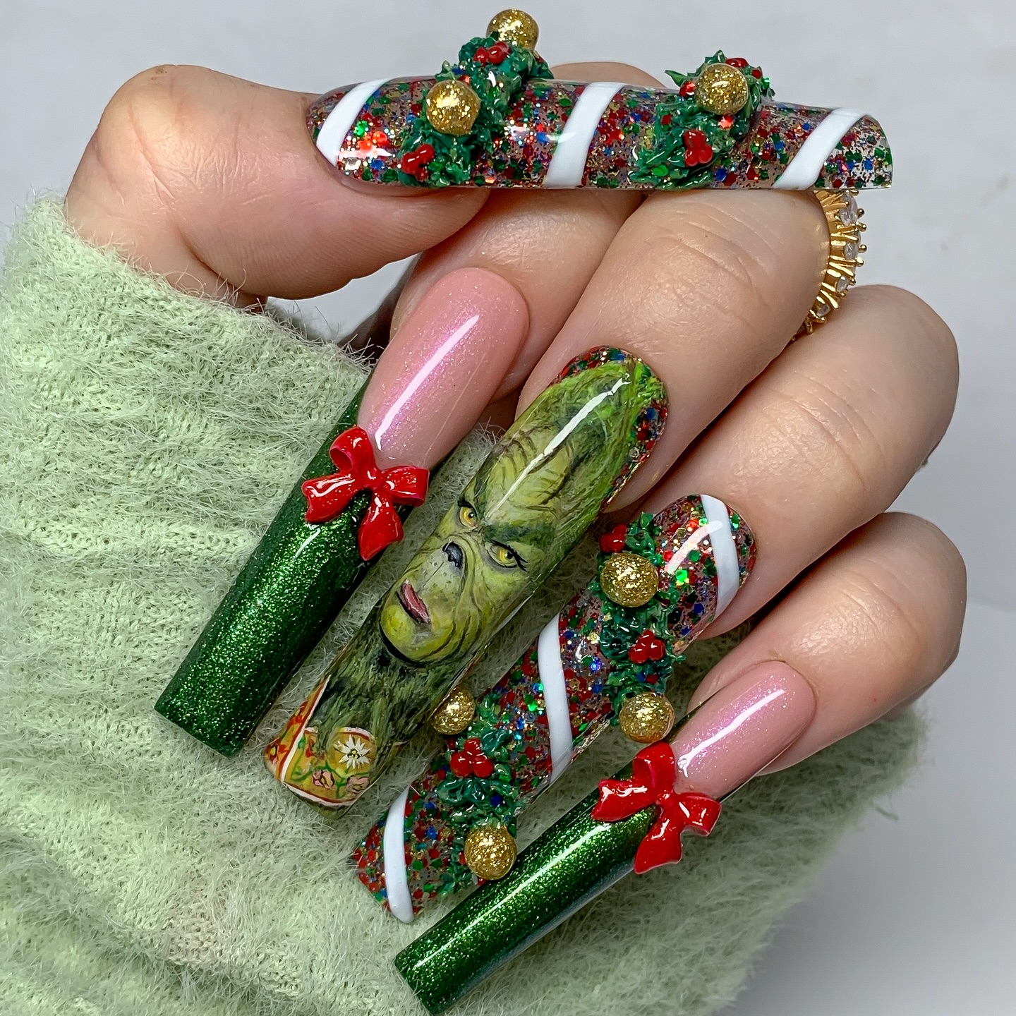 Whimsical Grinch Christmas Candy Cane Nails