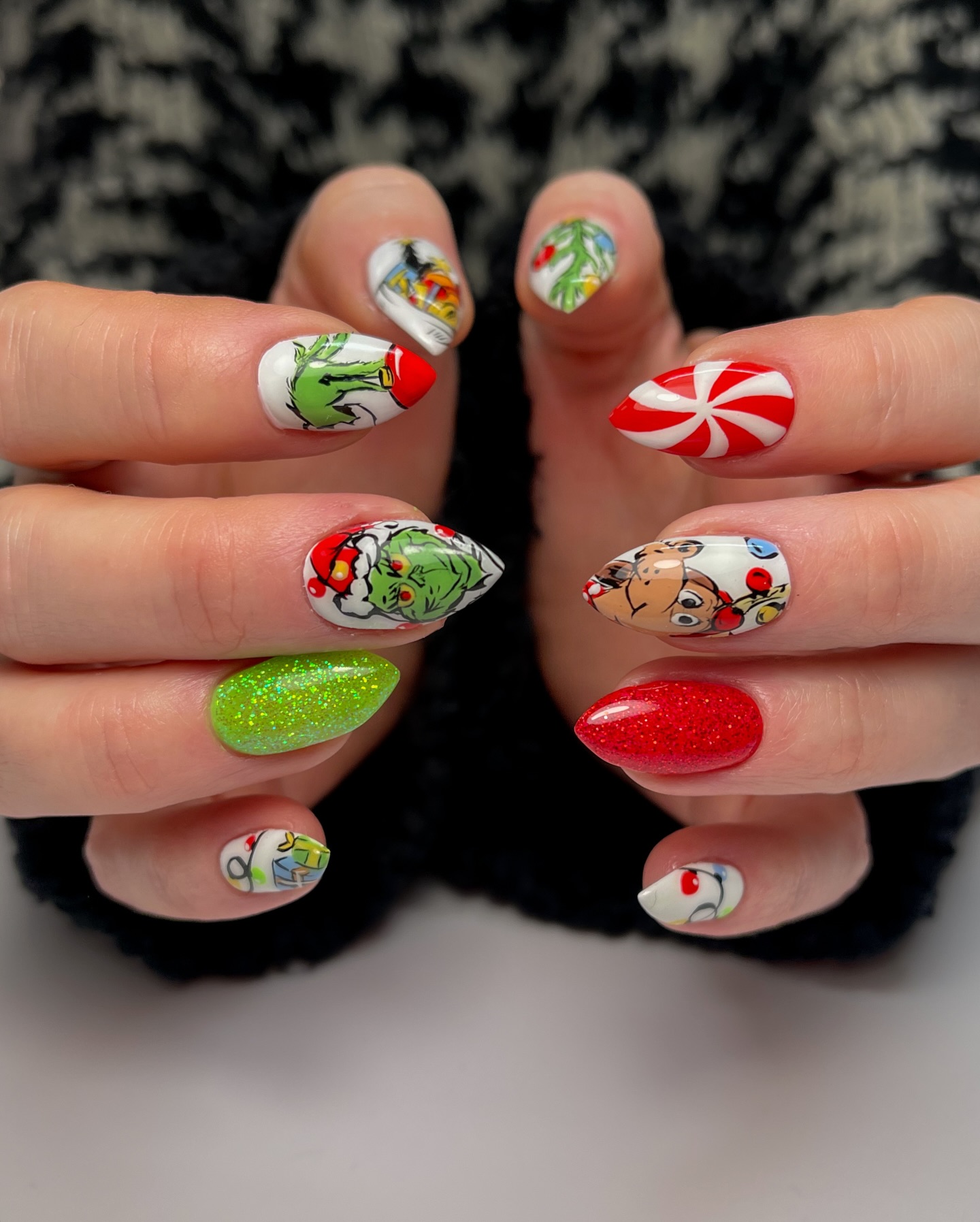 Whimsical Grinch Christmas Character Almond Nails