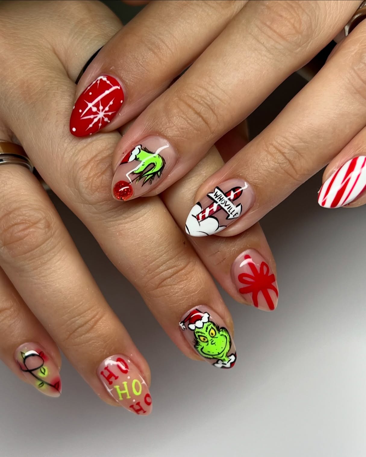Whimsical Grinch Christmas Character Nail Art