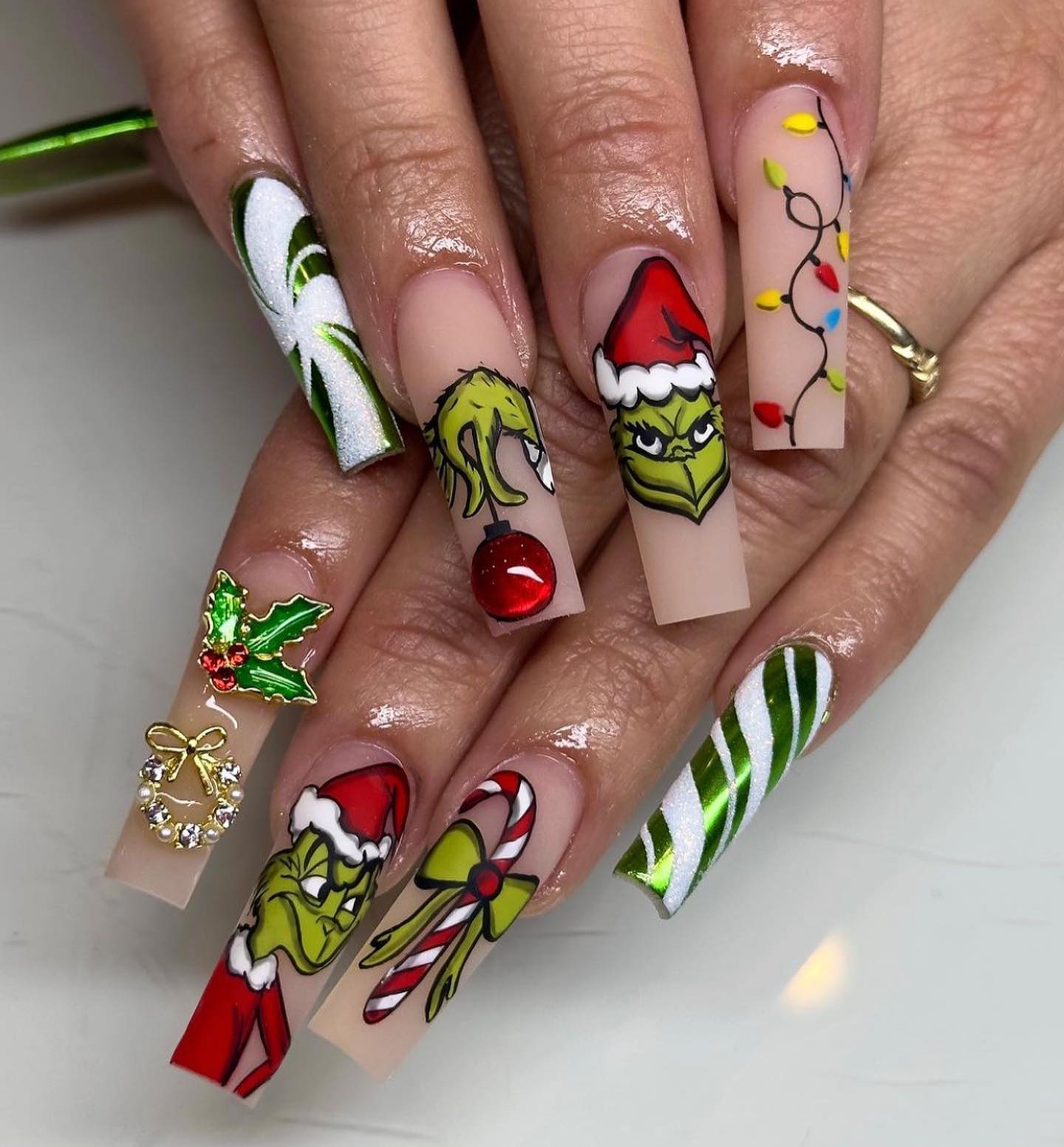 Whimsical Grinch Christmas Character Nails