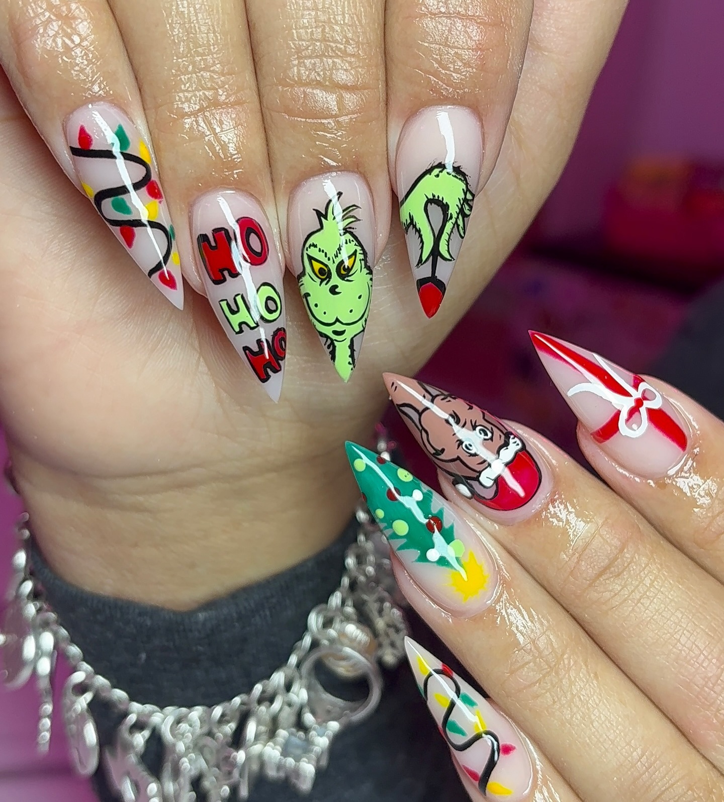 Whimsical Grinch Christmas Character Stiletto Nails