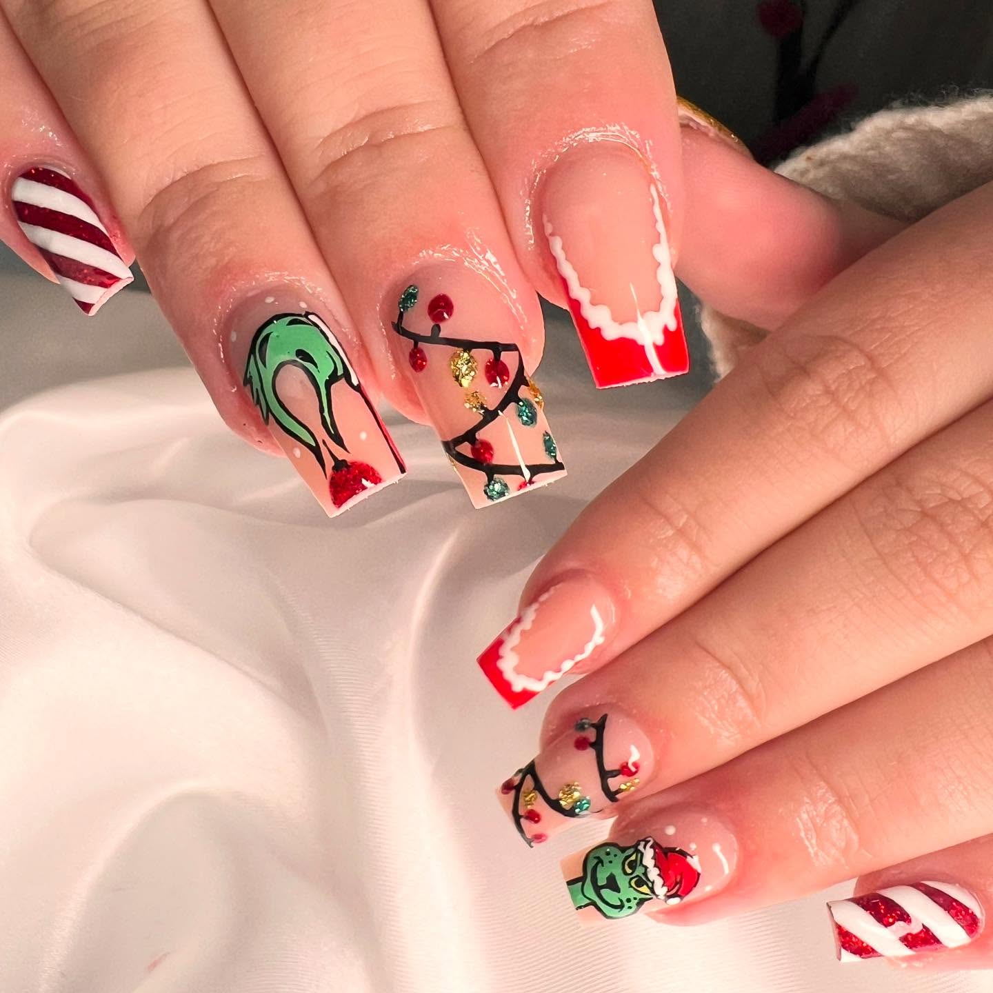 Whimsical Grinch Christmas French Tip Nails