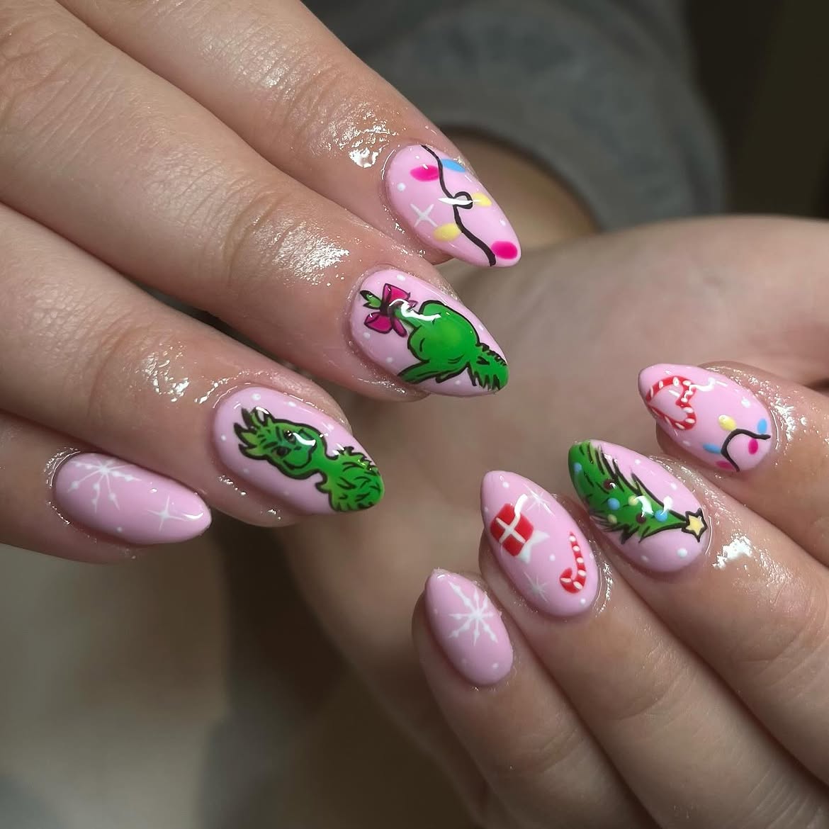 Whimsical Grinch Christmas Light Almond Nails