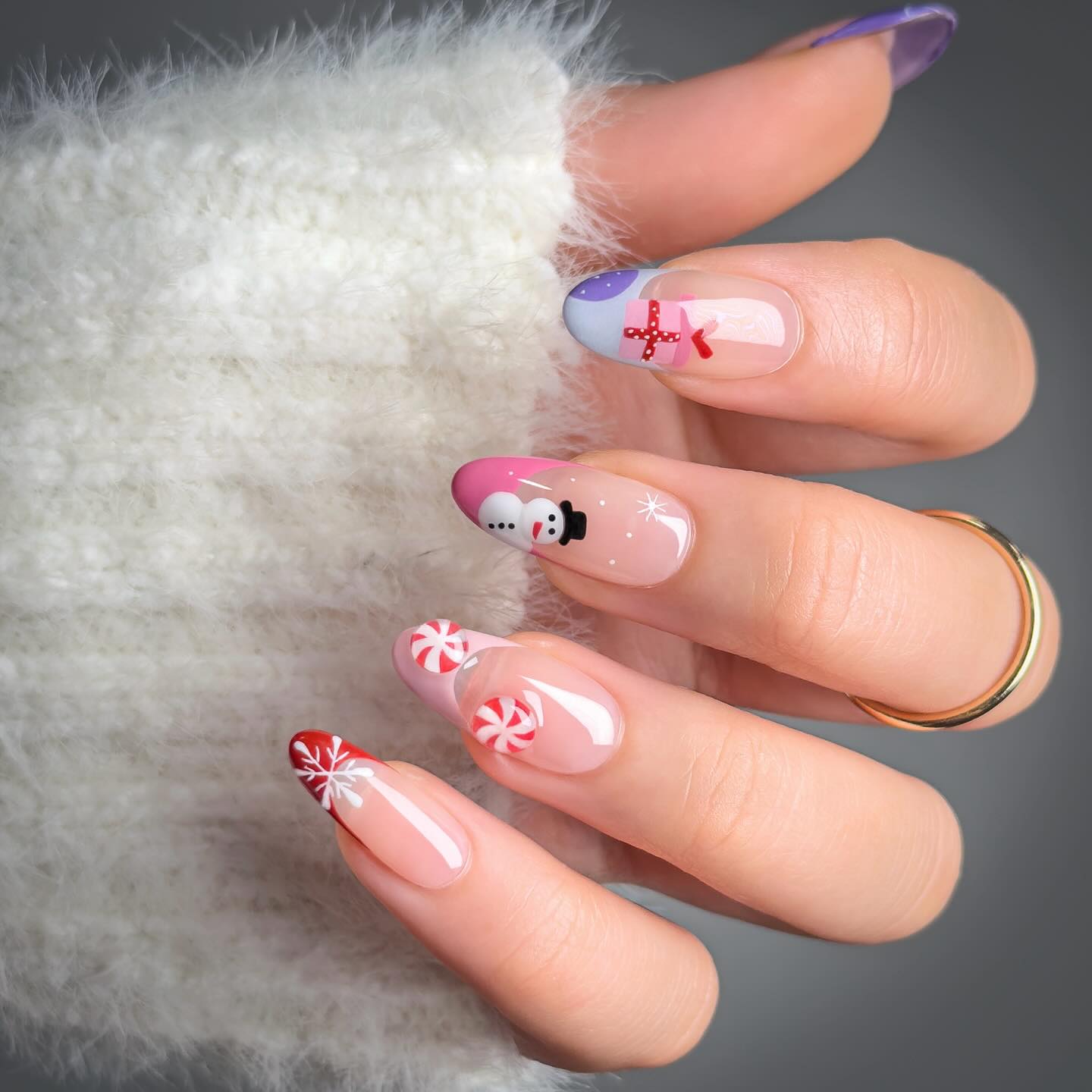 Whimsical Snowman & Candy Cane French Tip Nails