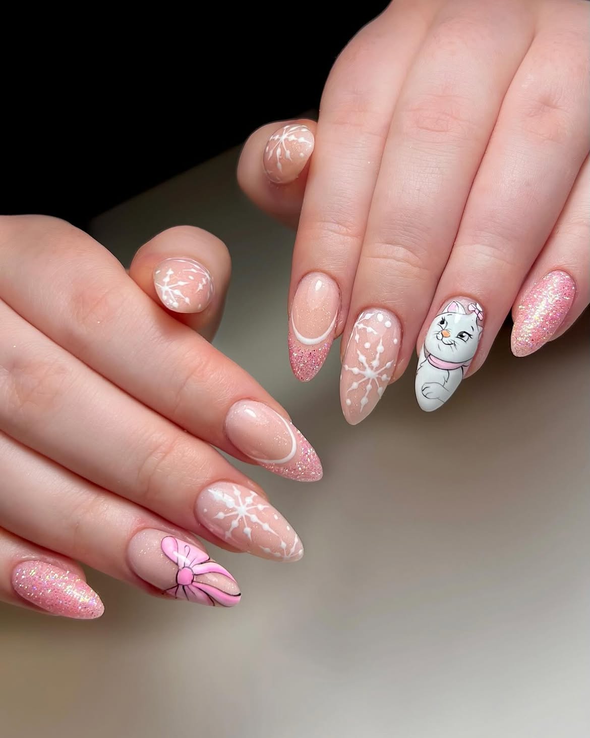Whimsical Winter Cat French Tip Almond Nails