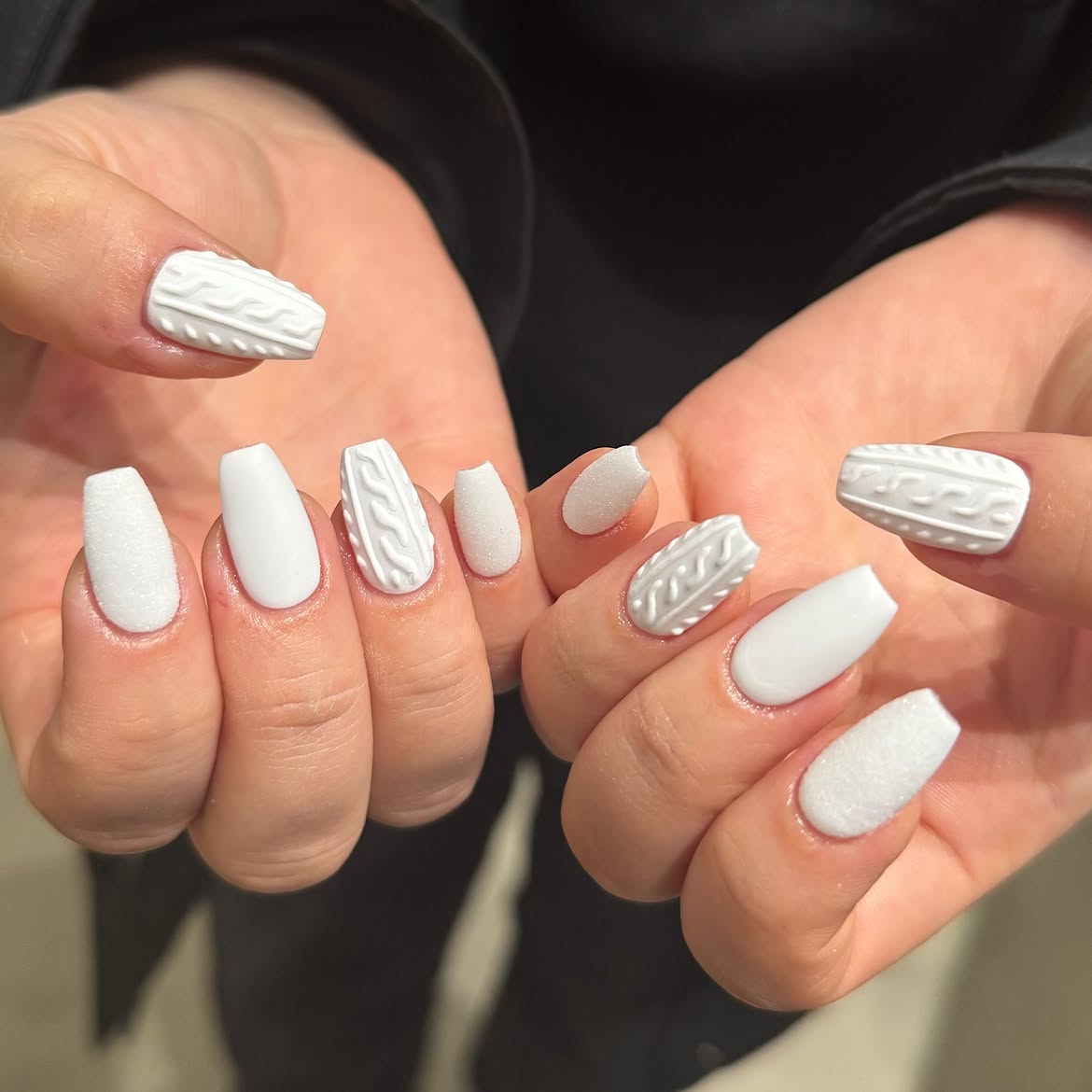 White Cable Knit Matte Coffin Nails