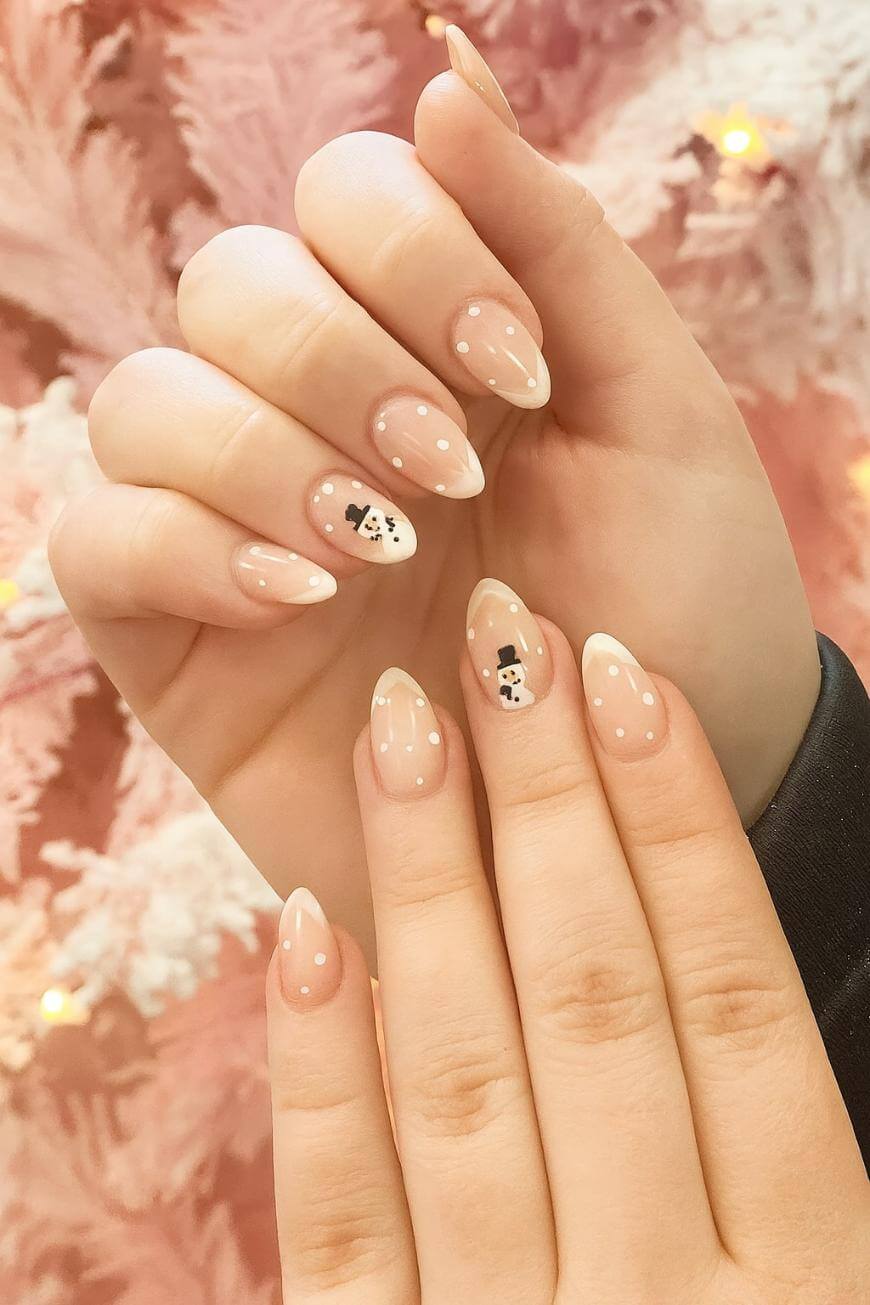 Nude Almond Nails With White Polka Dots And Snowmen Nude Almond Nails With White Polka Dots And Snowmen — White Christmas Nails