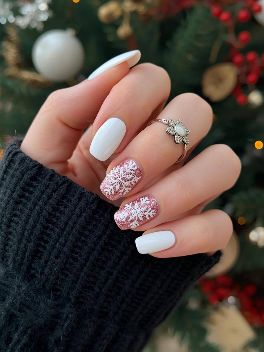 Matte White Short Square Nails With Rose Gold Glitter Snowflakes Matte White Short Square Nails With Rose Gold Glitter Snowflakes — White Christmas Nails