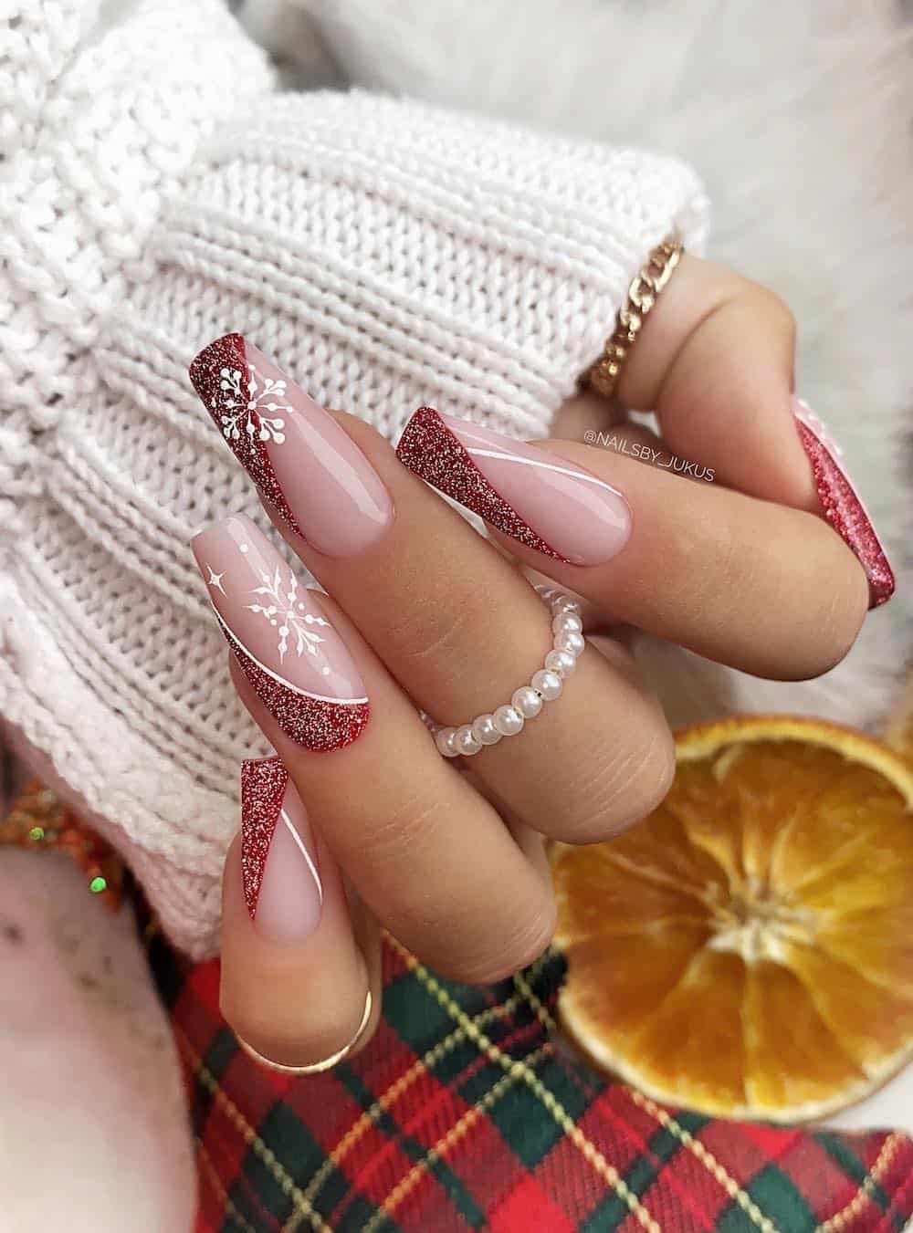 Long Ballerina Nails With Red Glitter Tips, Close-Up Take Long Ballerina Nails With Red Glitter Tips, Close-Up Take — White Christmas Nails