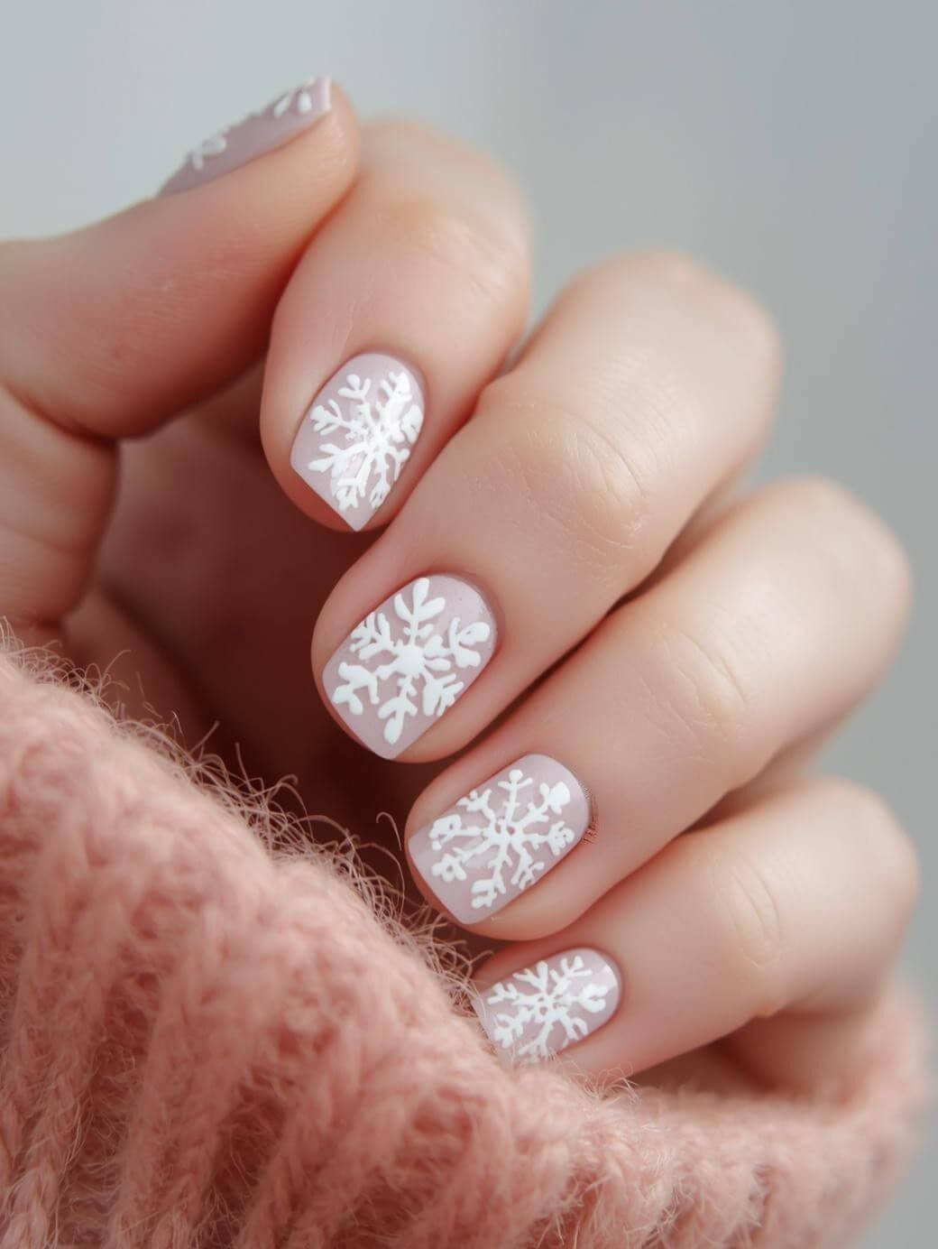 Short Almond Nails With Nude Base And White Snowflakes, Close-Up Take Short Almond Nails With Nude Base And White Snowflakes, Close-Up Take — White Christmas Nails
