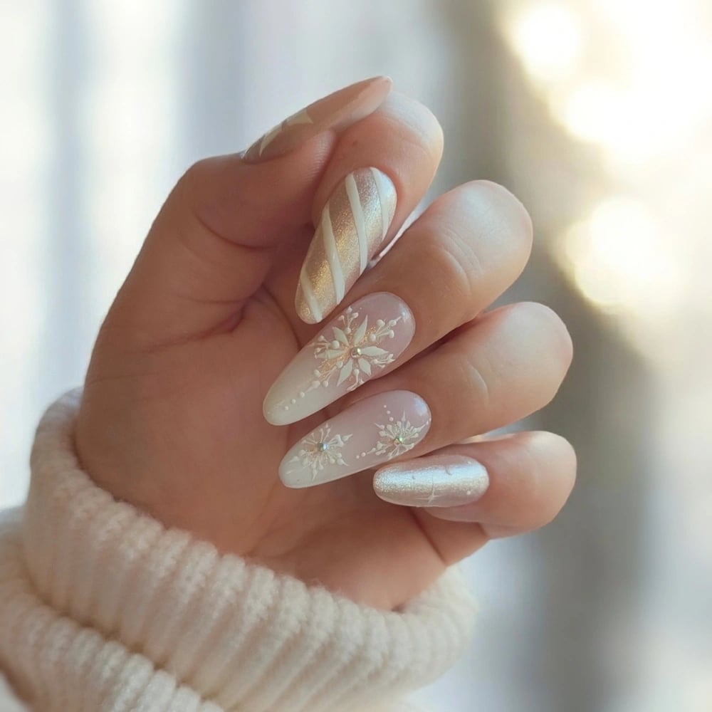 Long Stiletto Nails With 3D White Florals And Snowflakes Long Stiletto Nails With 3D White Florals And Snowflakes — White Christmas Nails