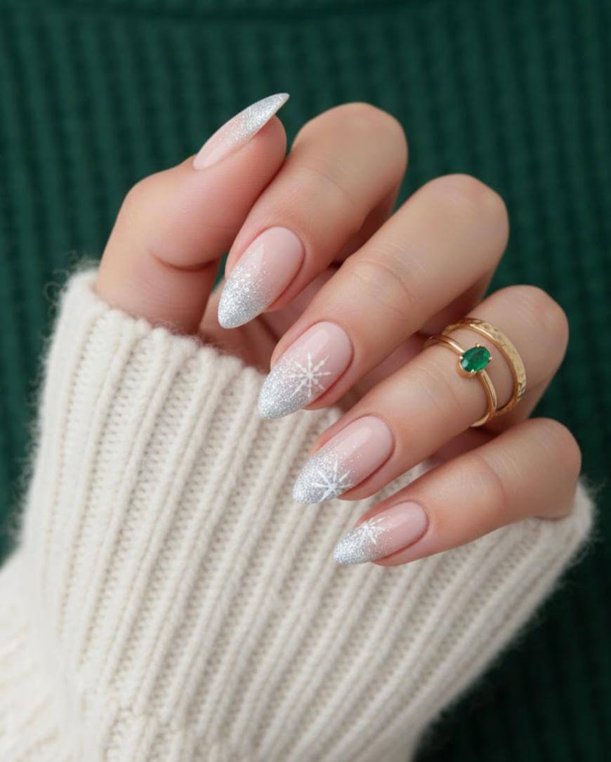 Medium Almond Nails With Glitter Tips And Snowflakes Medium Almond Nails With Glitter Tips And Snowflakes — White Christmas Nails