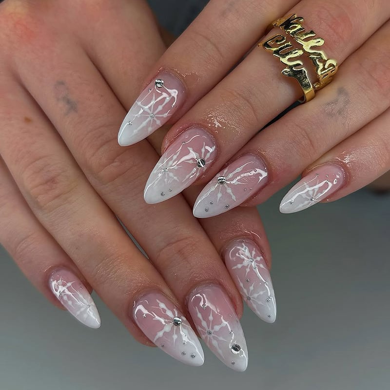 Long Almond Nails With White Gradient And Rhinestones Long Almond Nails With White Gradient And Rhinestones — White Christmas Nails