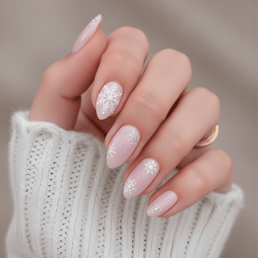 Pale Pink Almond Nails With White Snowflakes Pale Pink Almond Nails With White Snowflakes — White Christmas Nails