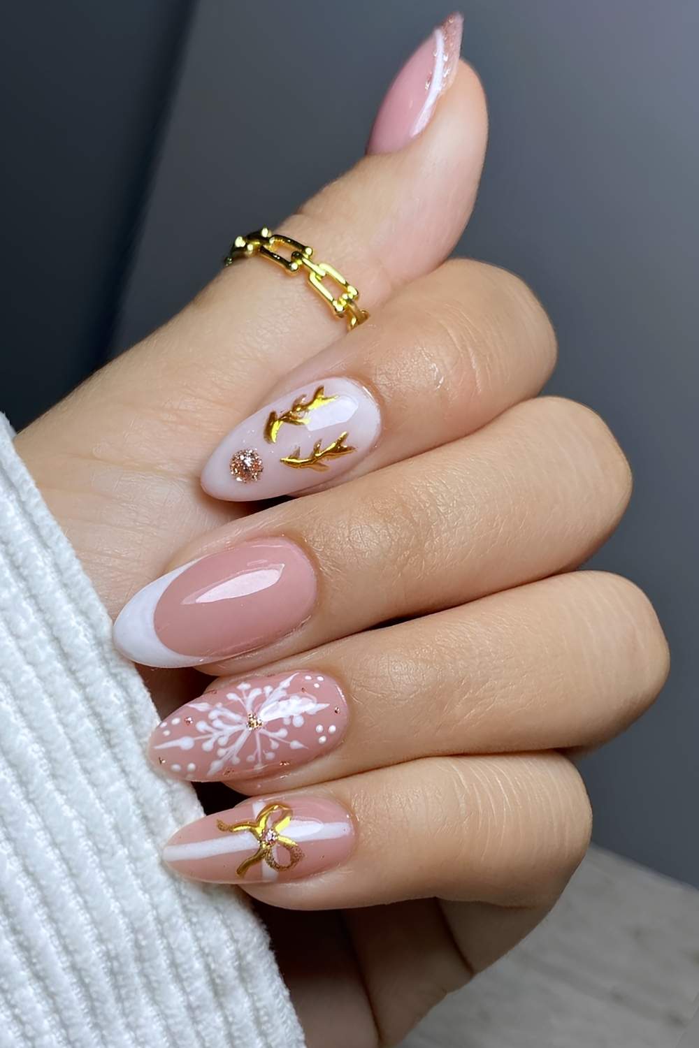 Nude Almond Nails With White French And Gold Accents Nude Almond Nails With White French And Gold Accents — White Christmas Nails
