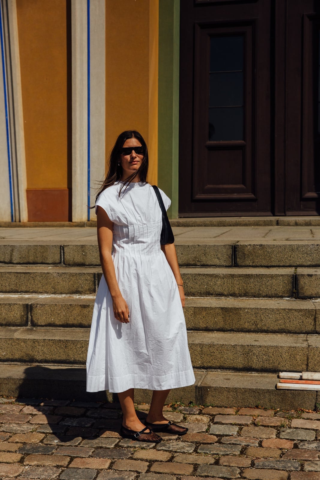 White Cotton Midi Dress With Pleated Bodice White Cotton Midi Dress With Pleated Bodice — White Dresses Outfit
