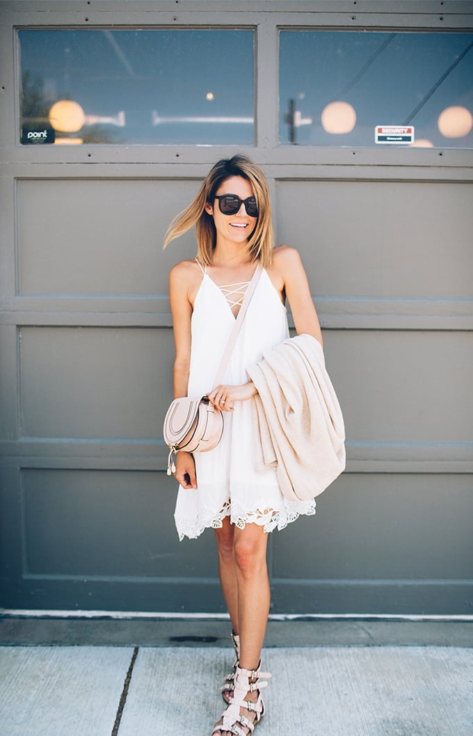 White A-Line Mini Dress With Criss-Cross Neckline White A-Line Mini Dress With Criss-Cross Neckline — White Dresses Outfit