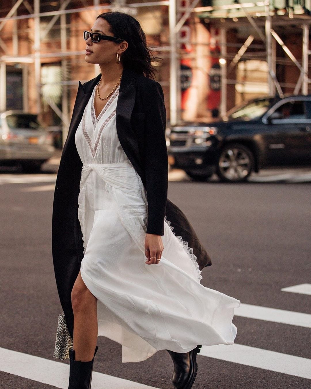 White Lace Trim Wrap Dress Under Long Black Coat White Lace Trim Wrap Dress Under Long Black Coat — White Dresses Outfit