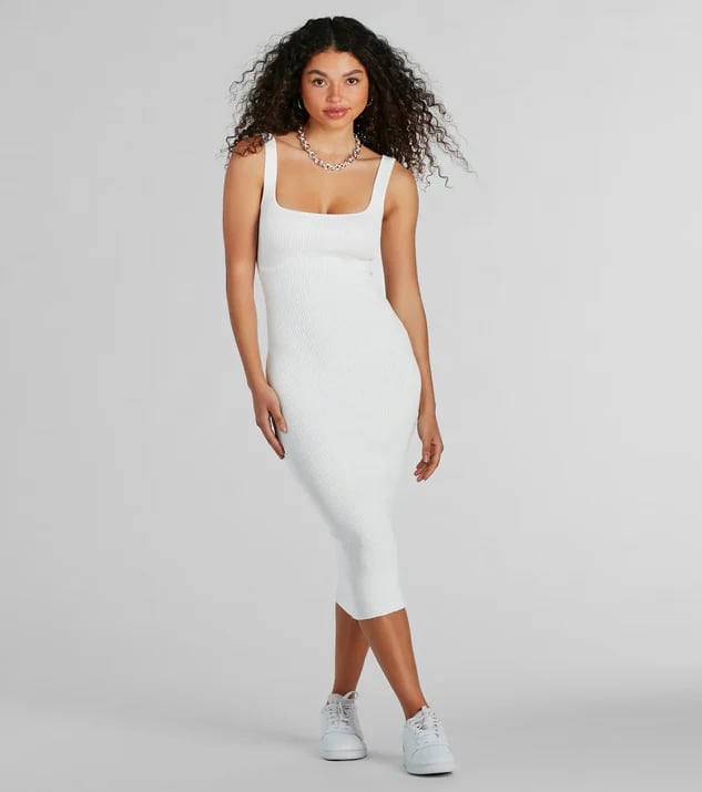White Ribbed Knit Midi Dress With Square Neckline White Ribbed Knit Midi Dress With Square Neckline — White Dresses Outfit