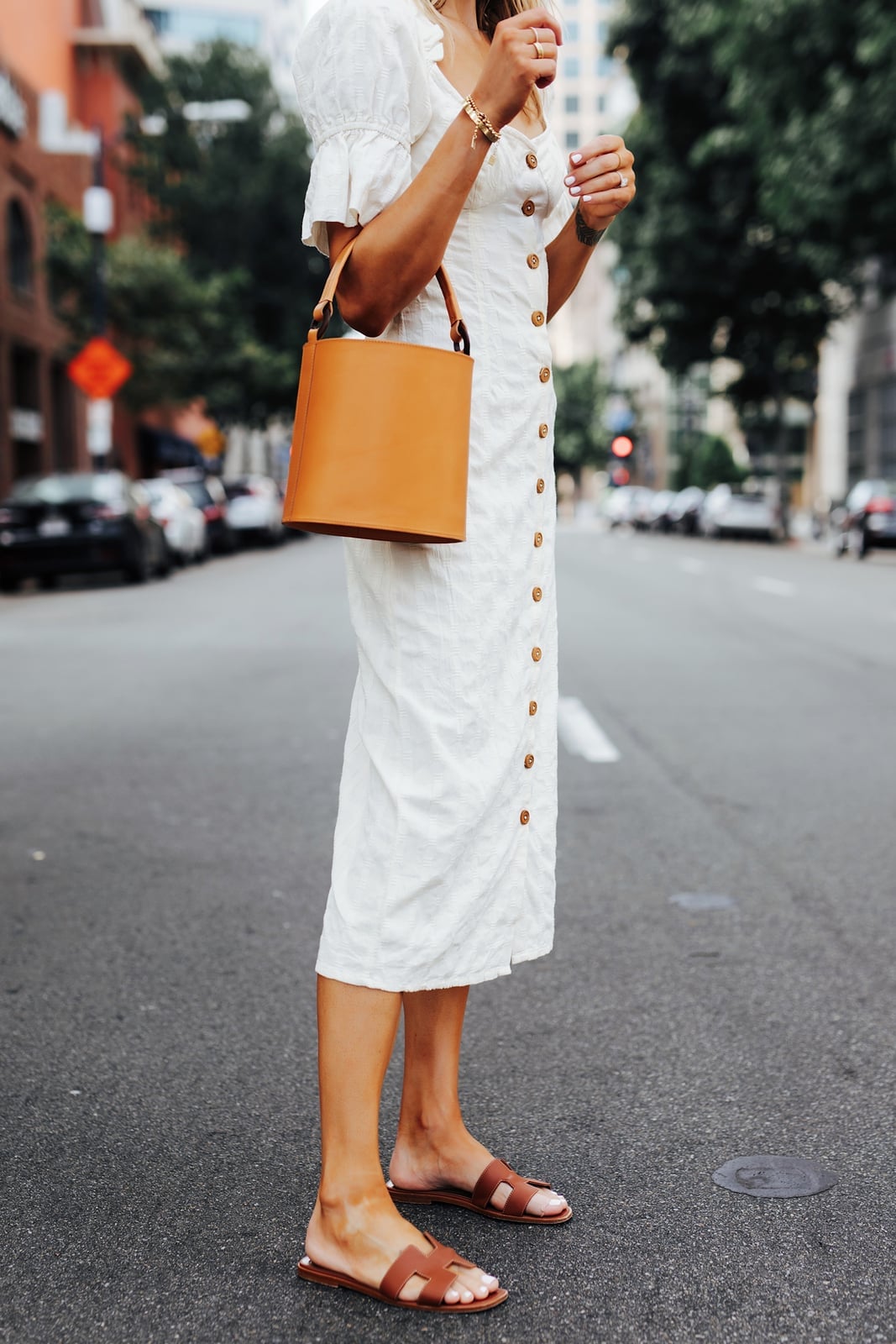 White Linen Midi Dress With Button-Front Detail White Linen Midi Dress With Button-Front Detail — White Dresses Outfit