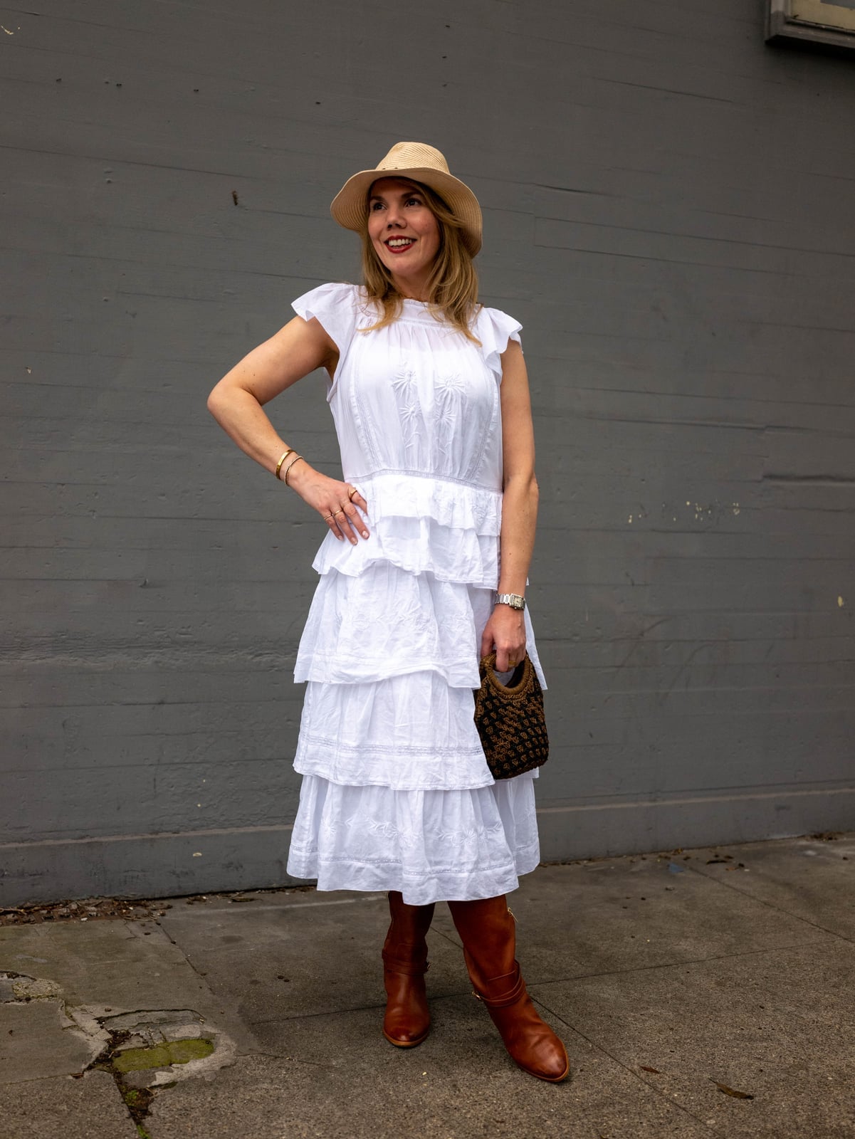White Tiered Midi Dress With Textured Fabric White Tiered Midi Dress With Textured Fabric — White Dresses Outfit