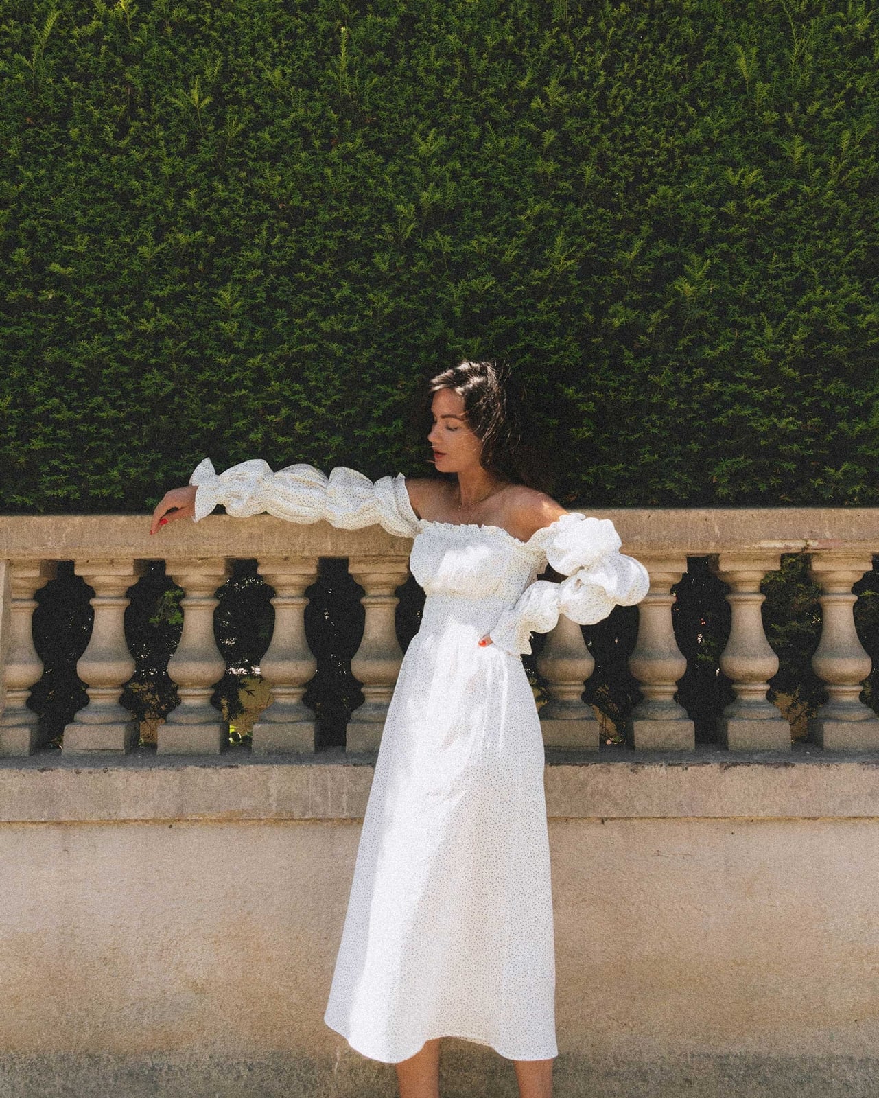 White Off-The-Shoulder Midi Dress With Puff Sleeves White Off-The-Shoulder Midi Dress With Puff Sleeves — White Dresses Outfit