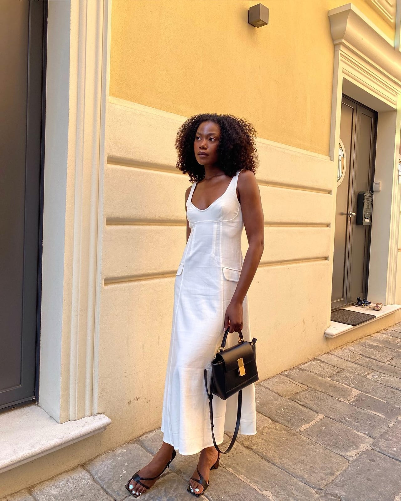 White Linen Blend Midi Dress With Fitted Bodice White Linen Blend Midi Dress With Fitted Bodice — White Dresses Outfit