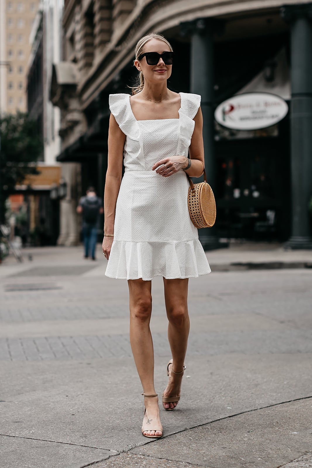 White Textured Mini Dress With Ruffle Trim White Textured Mini Dress With Ruffle Trim — White Dresses Outfit