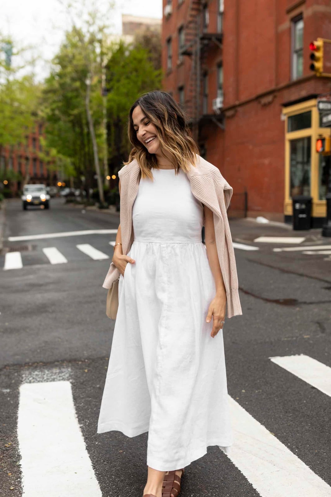 White Linen Midi Dress With Draped Cardigan White Linen Midi Dress With Draped Cardigan — White Dresses Outfit