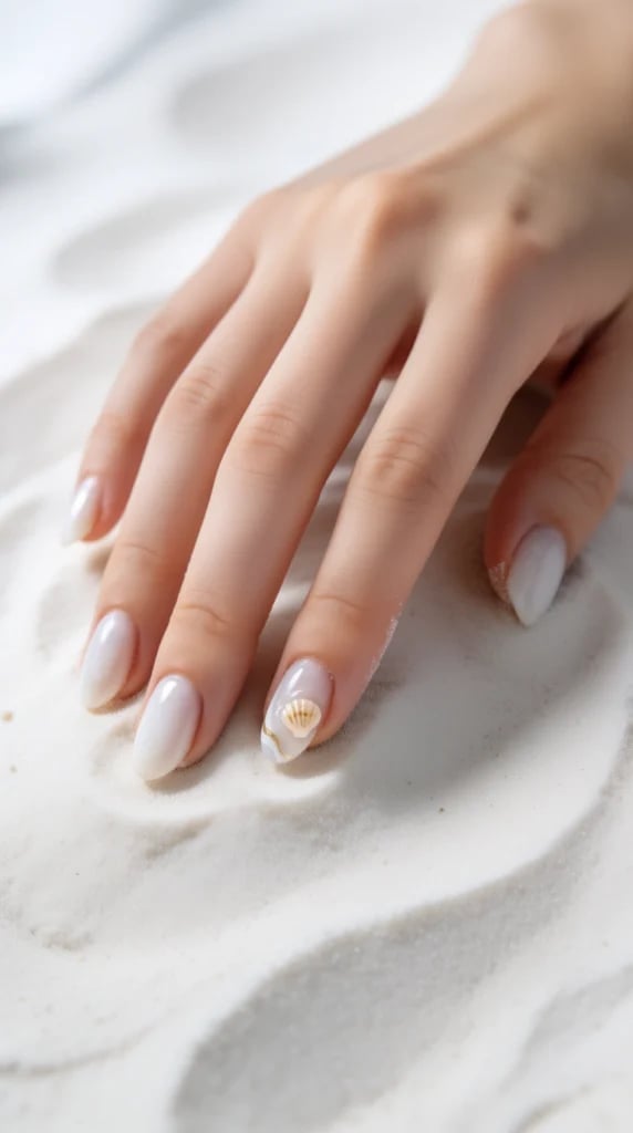 Short Almond Sheer White Glossy Shell Charm Short Almond Sheer White Glossy Shell Charm — White Nails