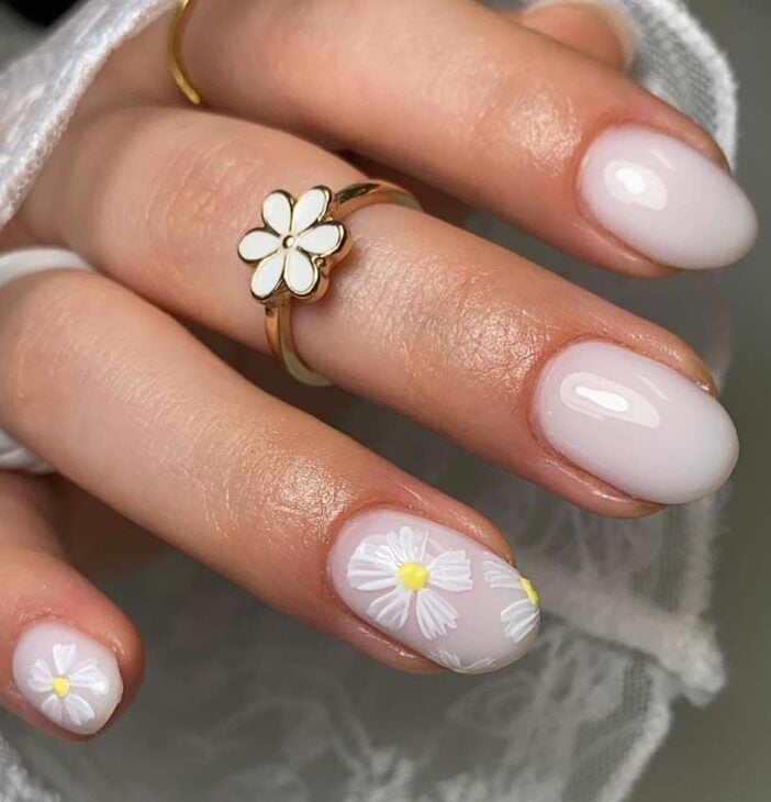 Short Oval Milky White Floral Art Nails Short Oval Milky White Floral Art Nails — White Nails