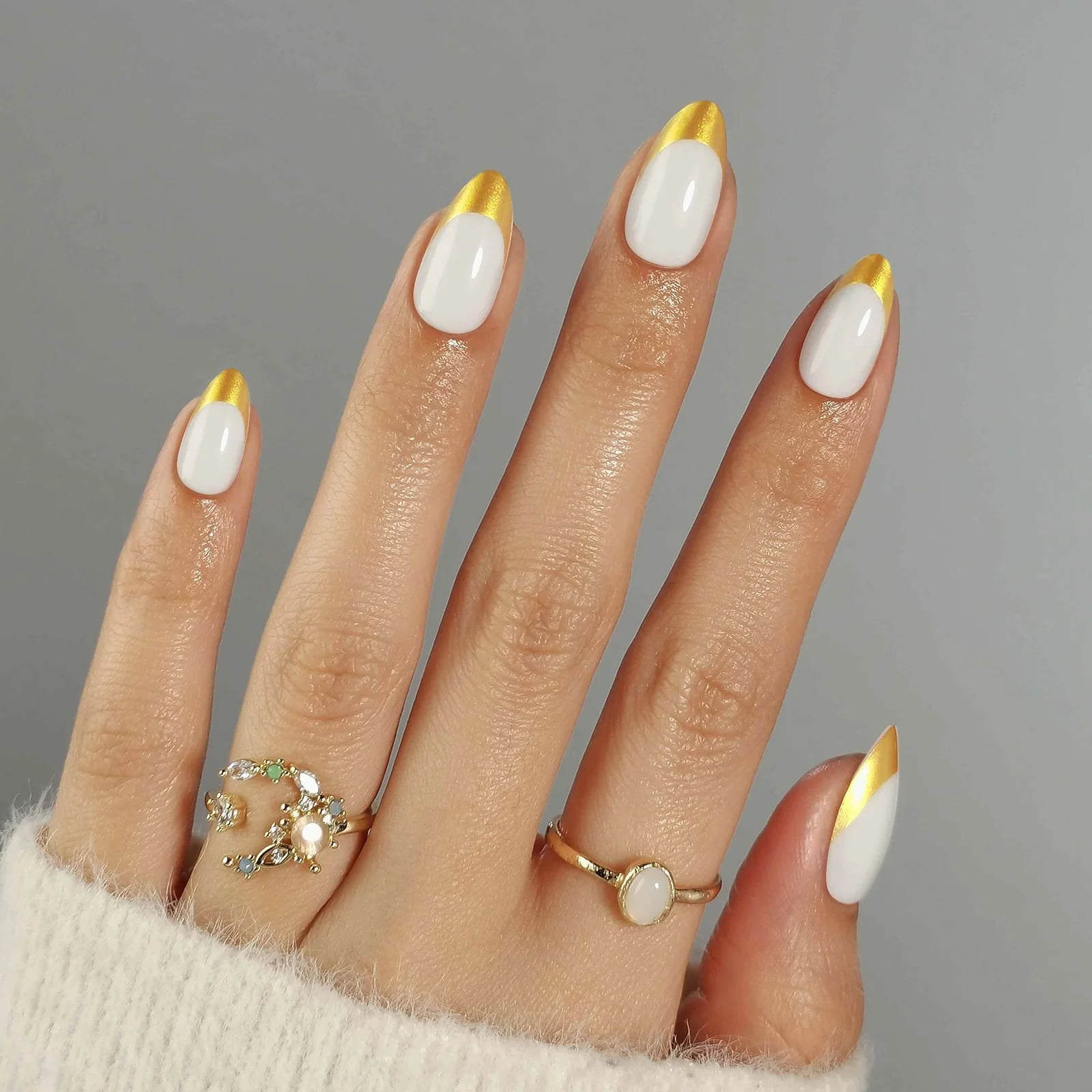 Almond White Gold Tip French Nails Almond White Gold Tip French Nails — White Nails