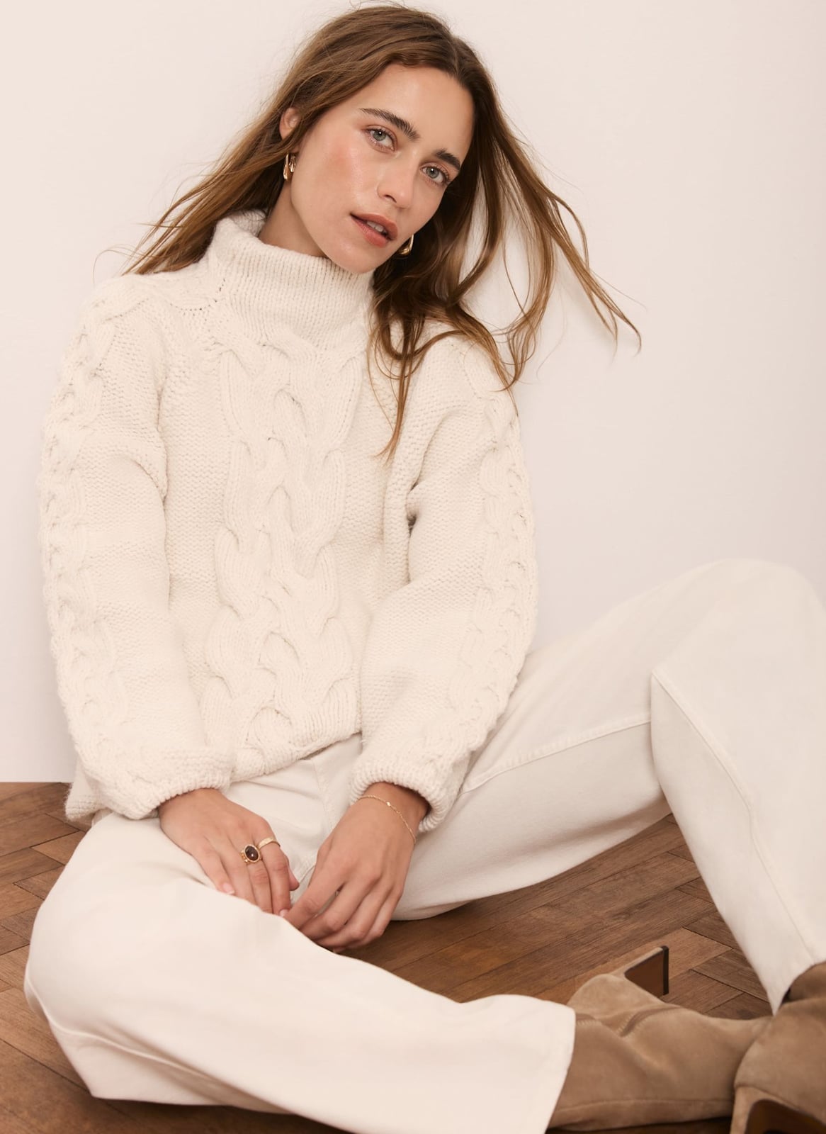 White Cable Knit Sweater with Wide Leg Pants — White Sweater Outfit