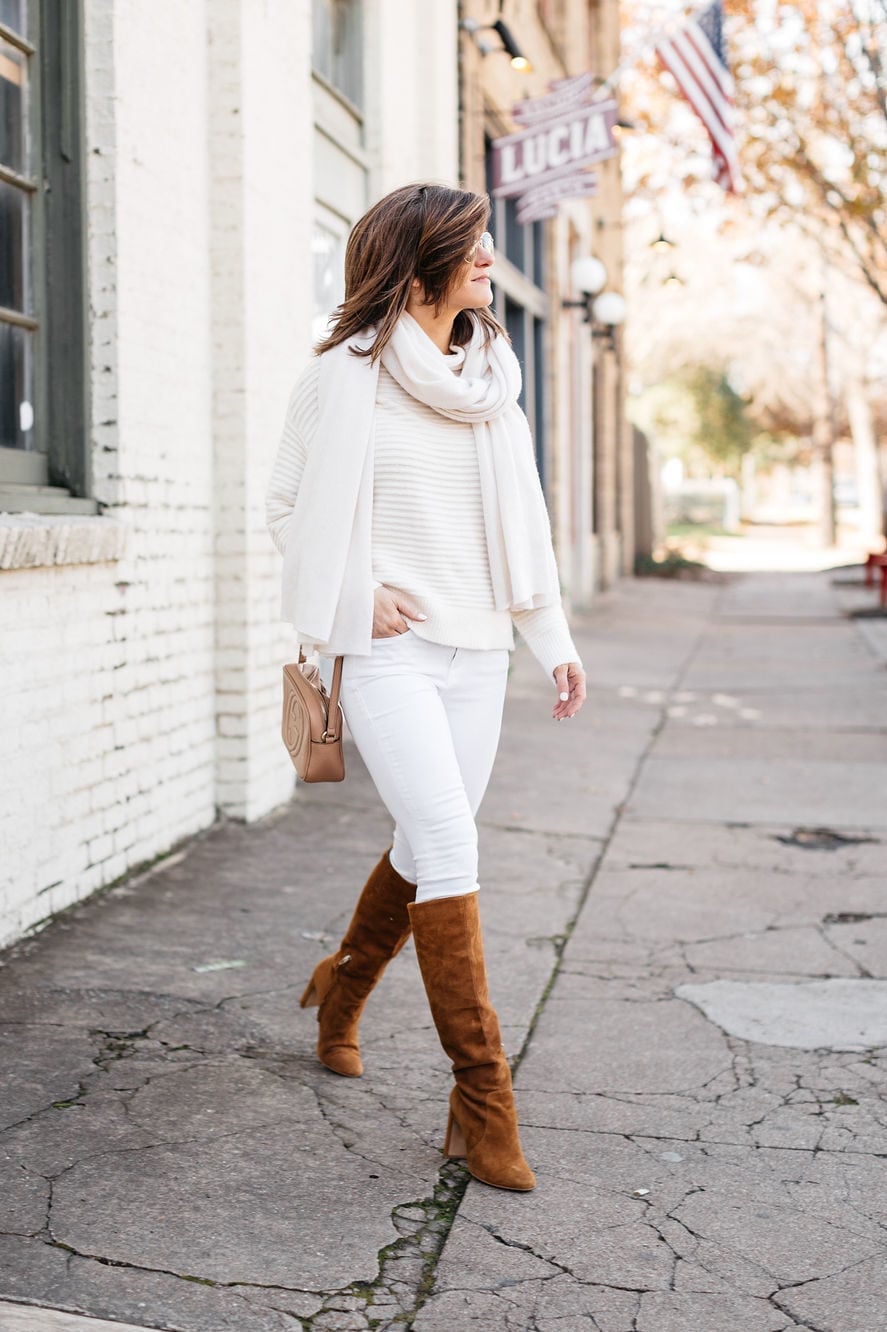 White Ribbed Sweater with Skinny Jeans and Scarf — White Sweater Outfit