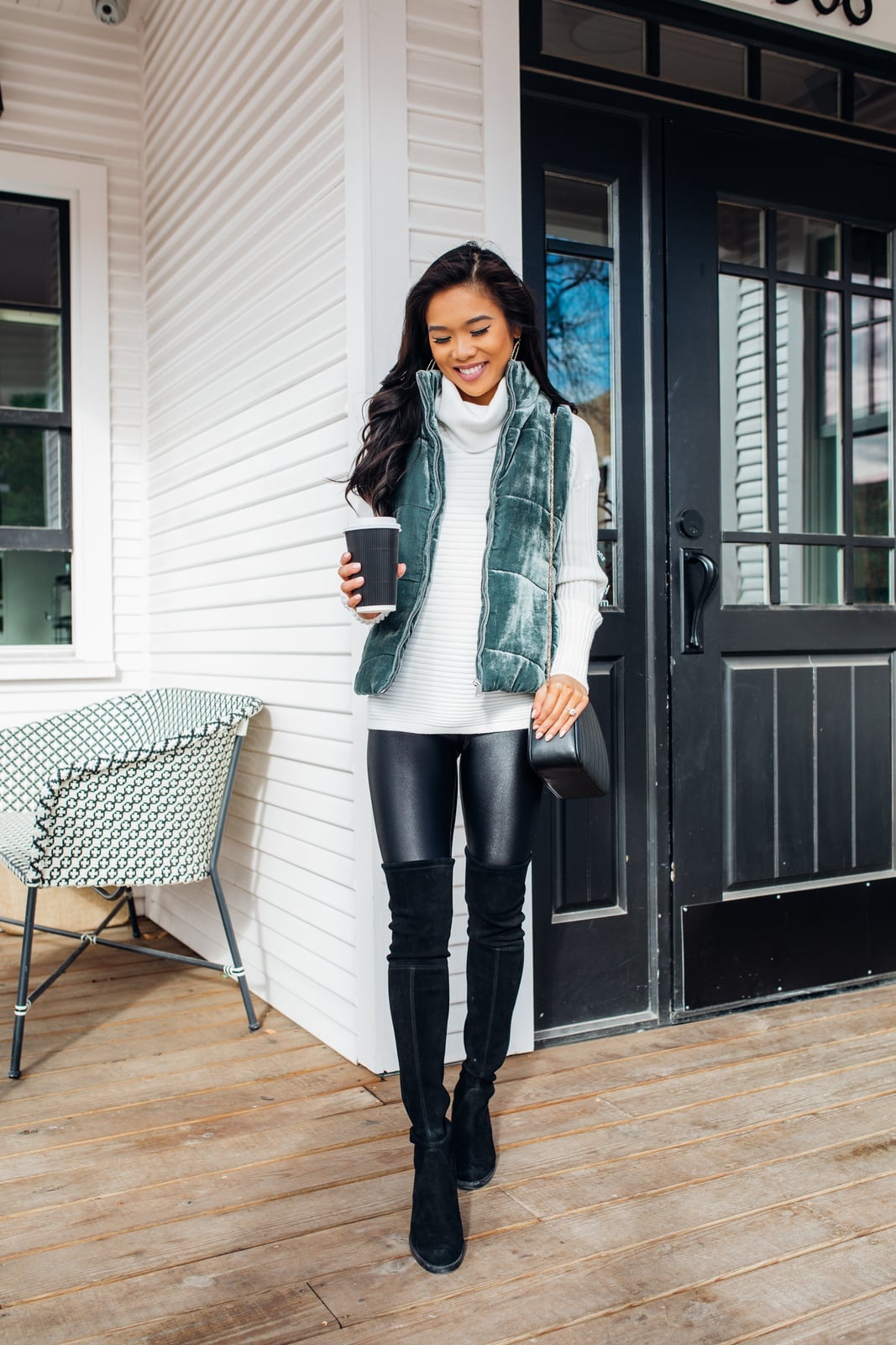 White Turtleneck Sweater with Green Velvet Vest — White Sweater Outfit