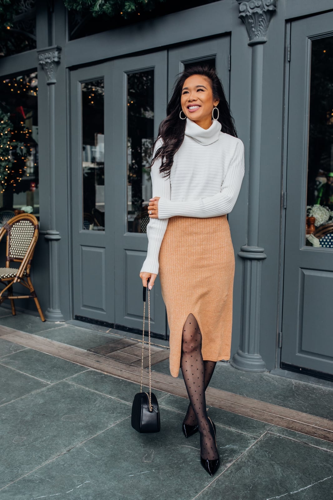 White Ribbed Turtleneck with Pencil Skirt and Black Pointed-Toe Heels — White Sweater Outfit
