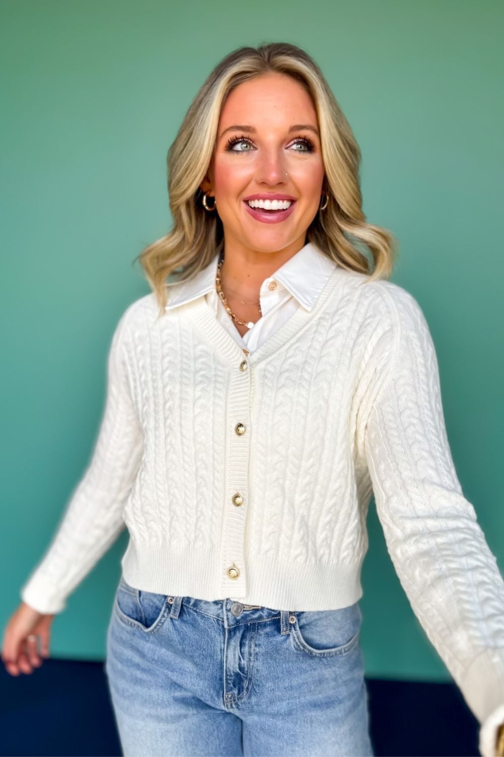 White Cropped Cable Knit Cardigan with Jeans and Gold Chain Necklace — White Sweater Outfit