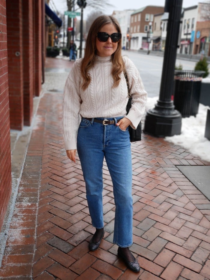 Cream Cable Knit Sweater with Straight Leg Jeans, Close-Up Take — White Sweater Outfit