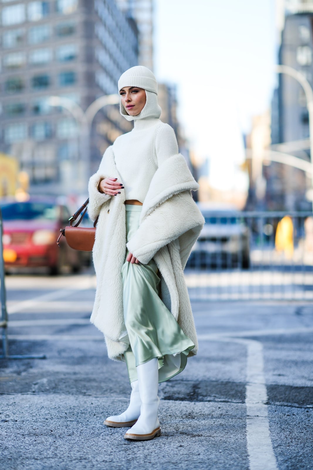 White Ribbed Sweater with Satin Skirt and Teddy Coat — White Sweater Outfit