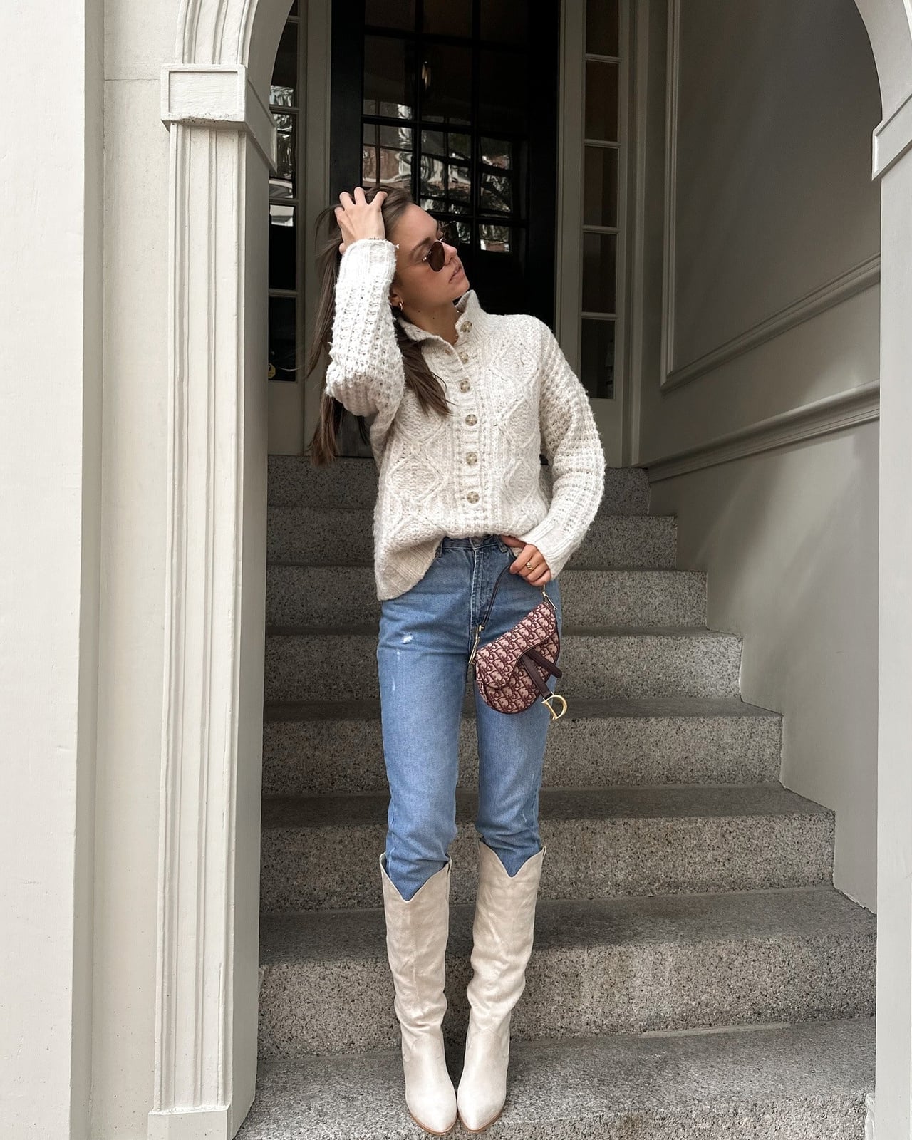 Cream Cable Knit Cardigan with White Cowboy Boots, Close-Up Take — White Sweater Outfit