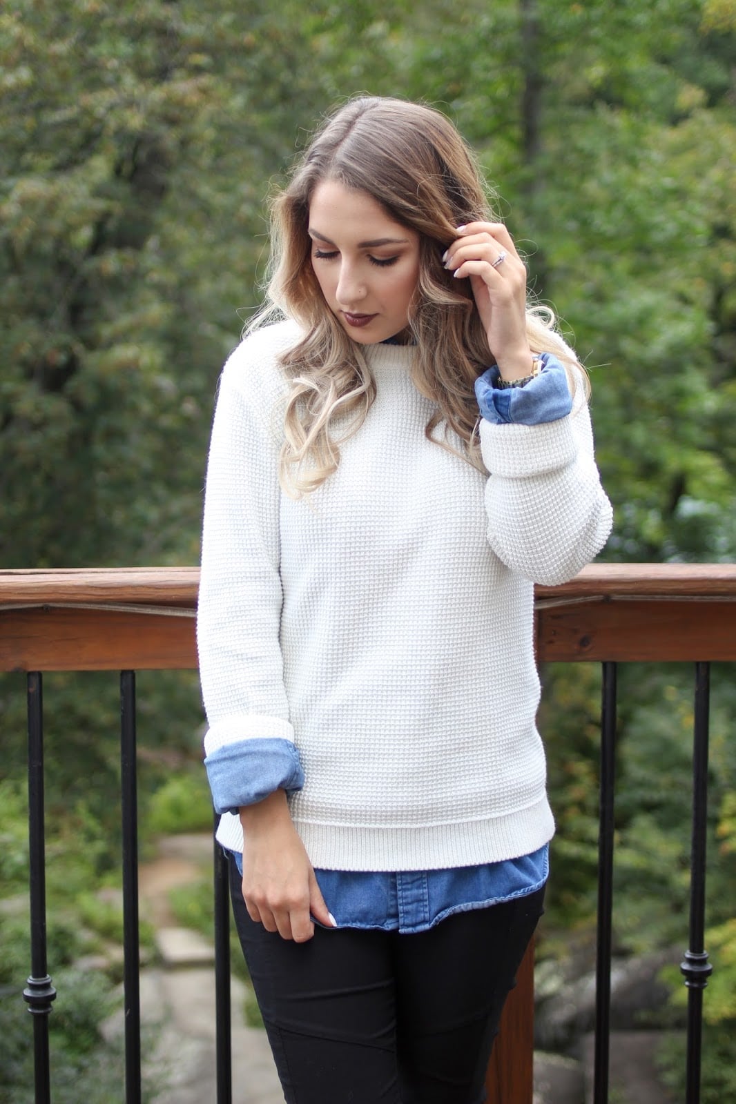 White Waffle Knit Sweater Over Denim Shirt — White Sweater Outfit