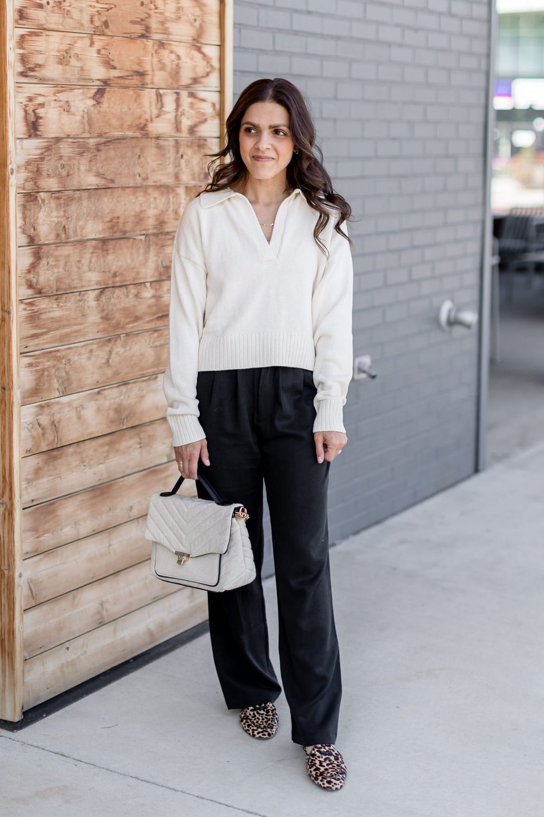 Cream Collared Sweater with Black Wide-Leg Trousers — White Sweater Outfit