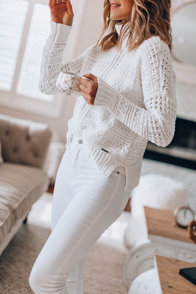 White Textured Knit Sweater with White Jeans — White Sweater Outfit