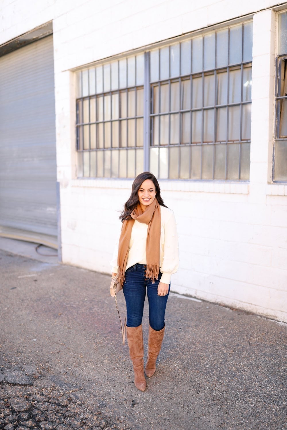 White Knit Sweater with Puff Sleeves and Jeans — White Sweater Outfit