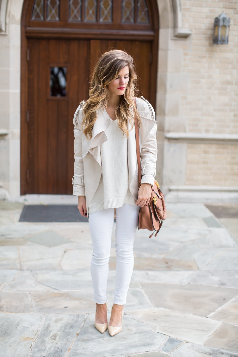 Cream Sweater with Waterfall Jacket and White Jeans — White Sweater Outfit