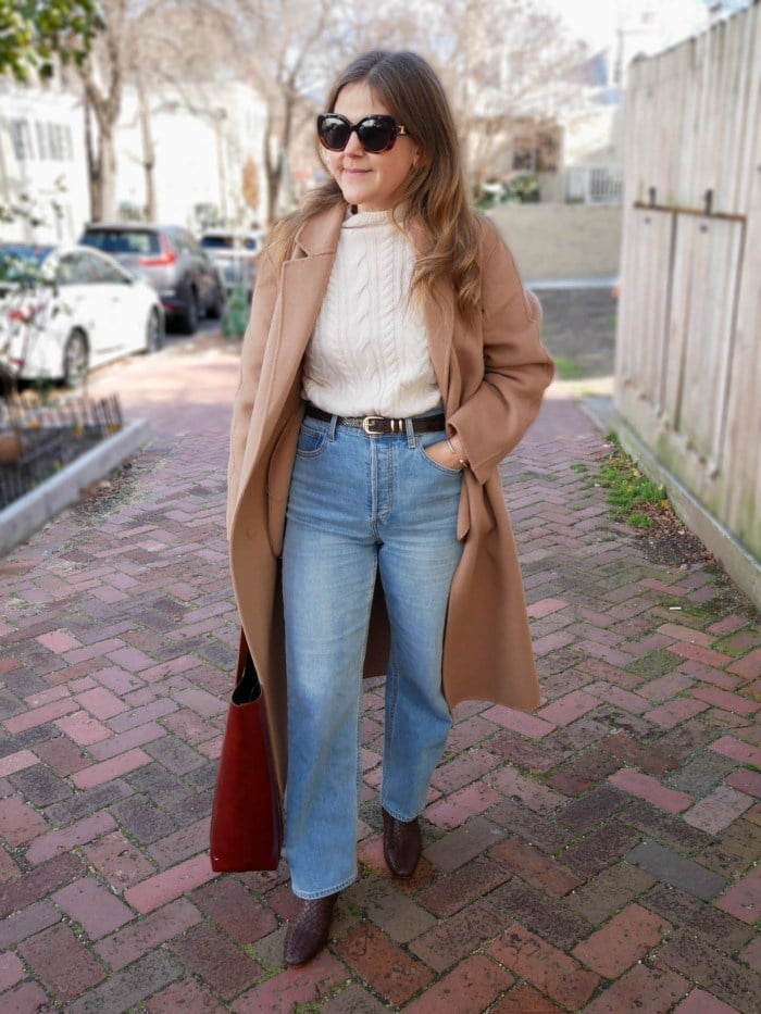 White Cable Knit Sweater Under Camel Coat — White Sweater Outfit