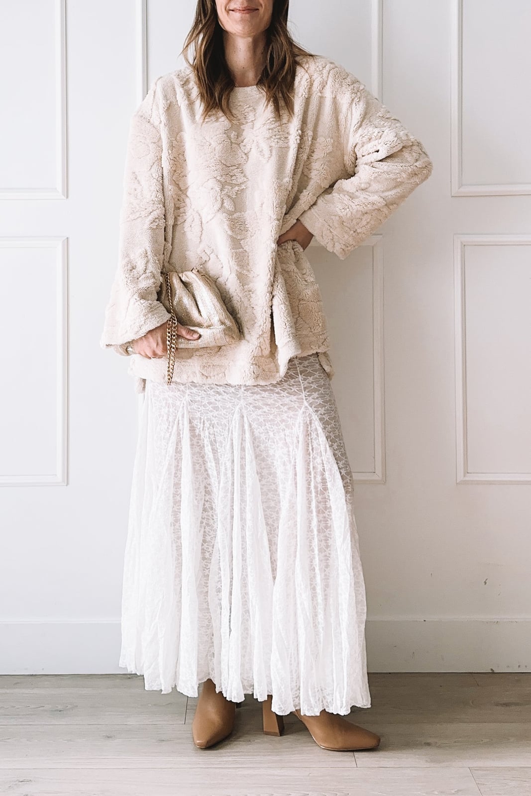 White Lace Dress with Cream Fluffy Jacket — White Sweater Outfit