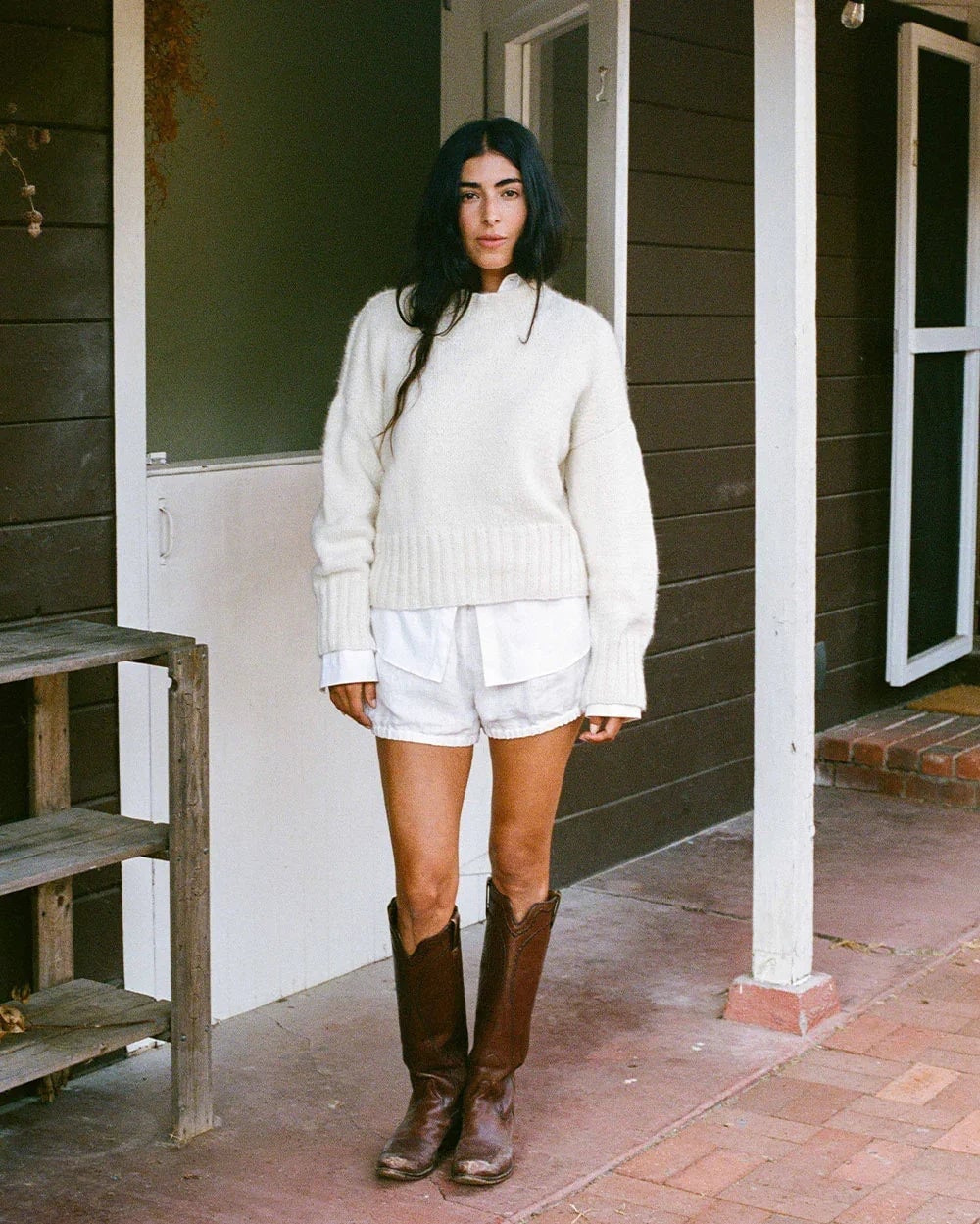 Cream Sweater Over White Shirt and Shorts — White Sweater Outfit