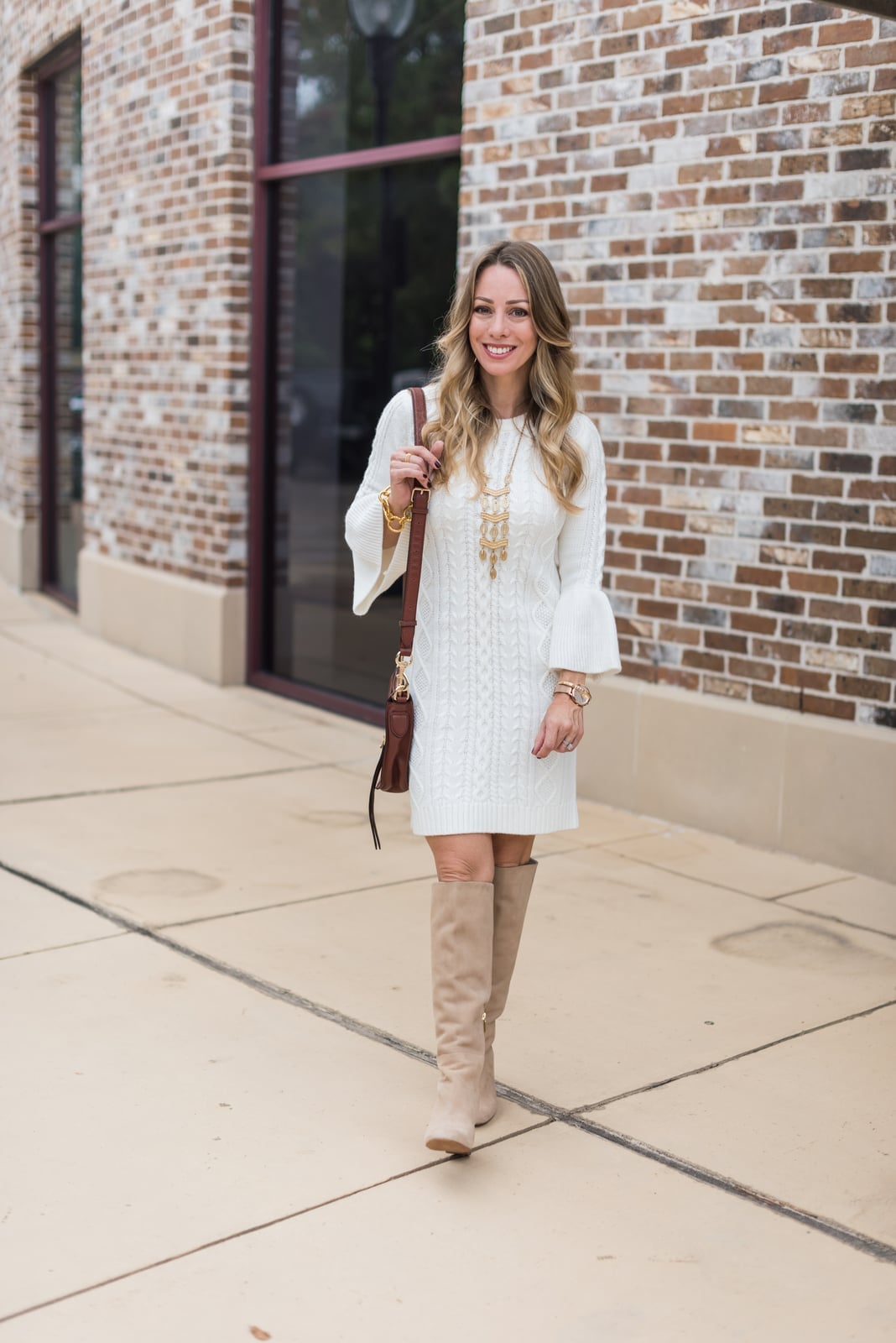 White Cable Knit Sweater Dress with Bell Sleeves — White Sweater Outfit