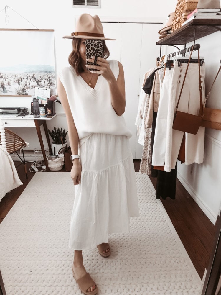 Oversized Knit Vest Over Tiered Midi Dress, Close-Up Take Oversized Knit Vest Over Tiered Midi Dress, Close-Up Take — White Vest Outfit